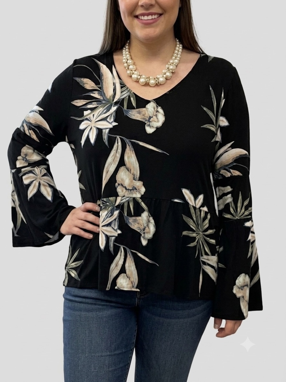 😍SHOW SPECIAL - ROXY Black Floral Long Sleeve with Lace Inserts Plus Size XL